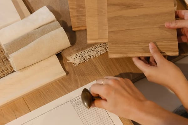 Clients looking at flooring samples against their own material palette.
